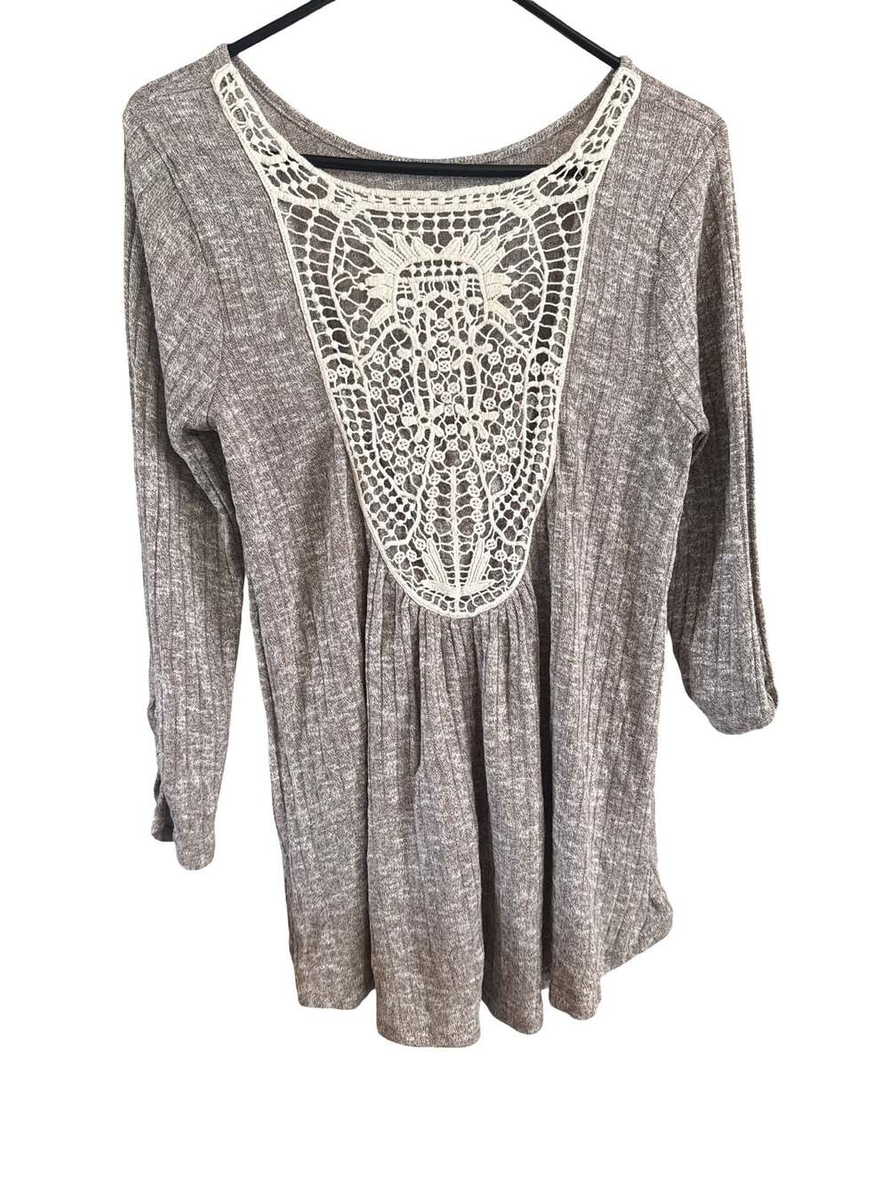 Almost Famous Heather Gray 3/4 Sleeve Crochet Back Swing Top